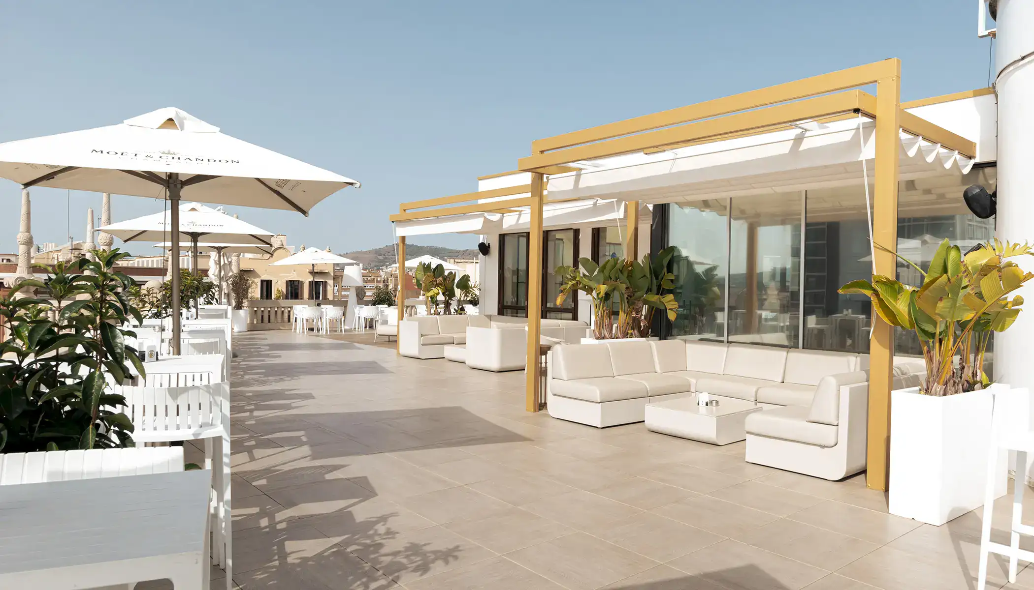 Terraza moderna con sof&aacute;s blancos, parasoles y plantas en macetas grandes.