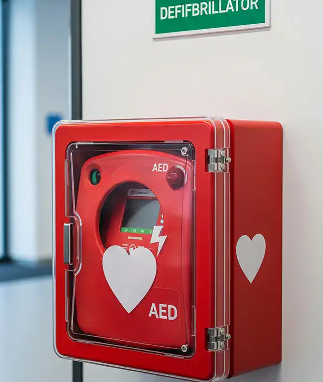 Desfibrilador AED rojo en caja con s&iacute;mbolo de coraz&oacute;n y rayo.