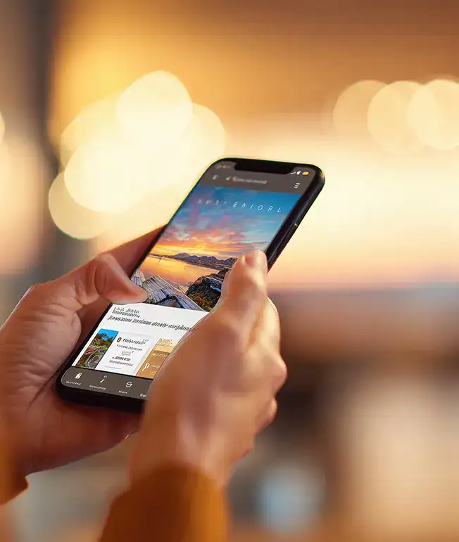 Manos sosteniendo un smartphone con pantalla encendida, fondo desenfocado.