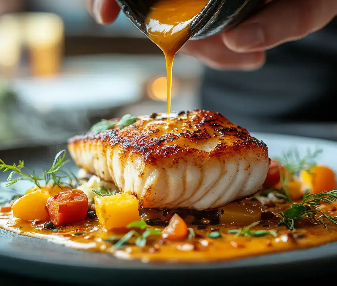 Pescado al horno con salsa y verduras en un plato.