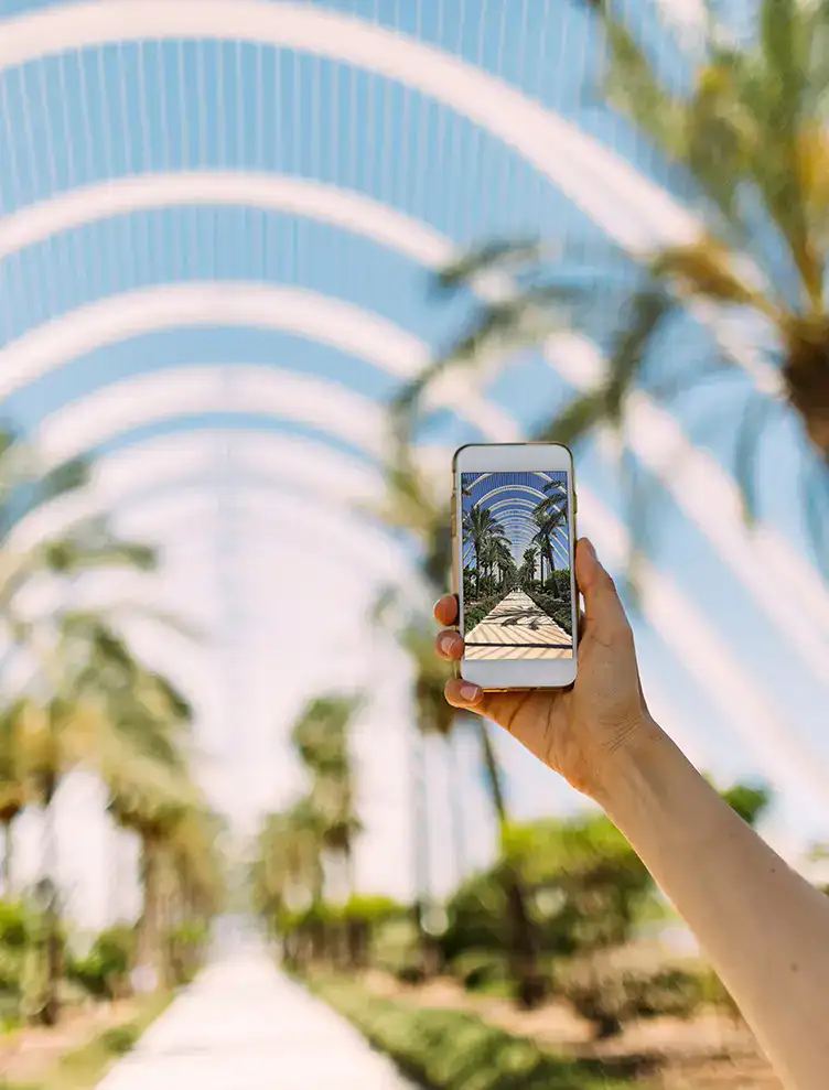Persona sostiene un m&oacute;vil mostrando camino con palmeras y estructura blanca.