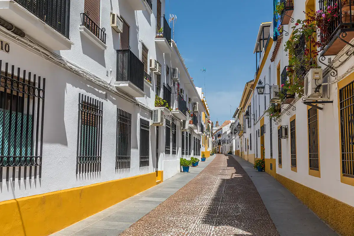 Calle estrecha con casas blancas y macetas bajo un cielo azul.