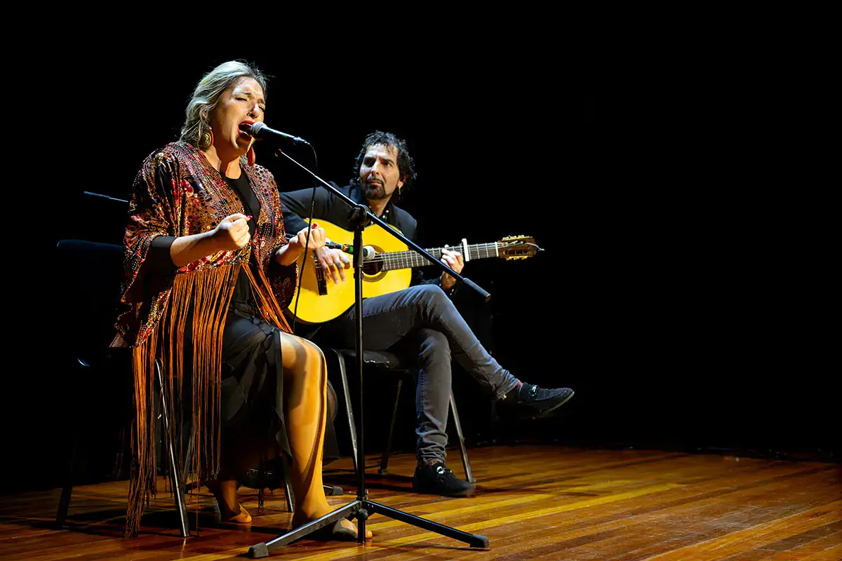 Cantante de flamenco con guitarra en escenario oscuro.