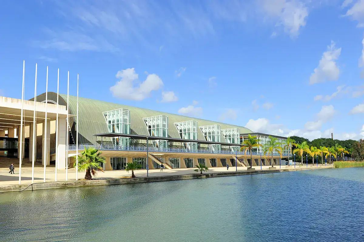 Edificio junto a un lago con palmeras y cielo azul.