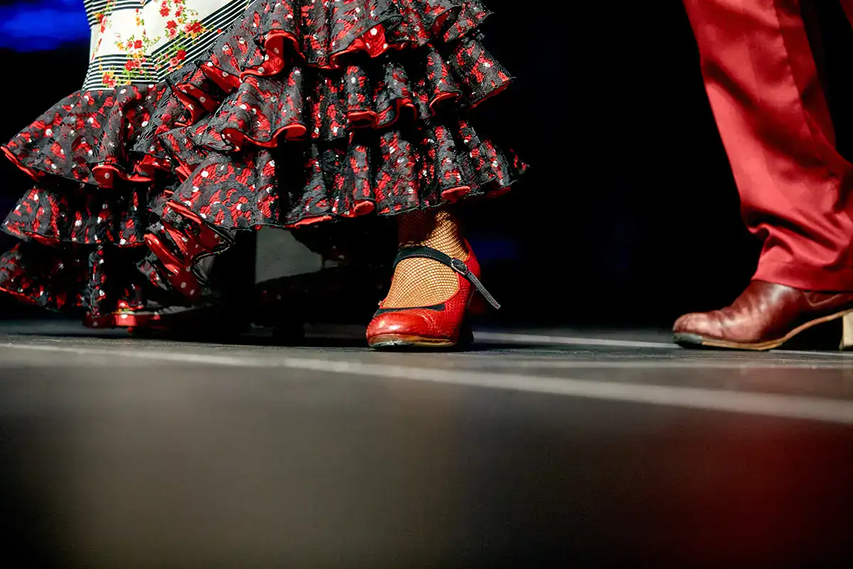 Zapatos de flamenco junto a un traje con volantes en el escenario.