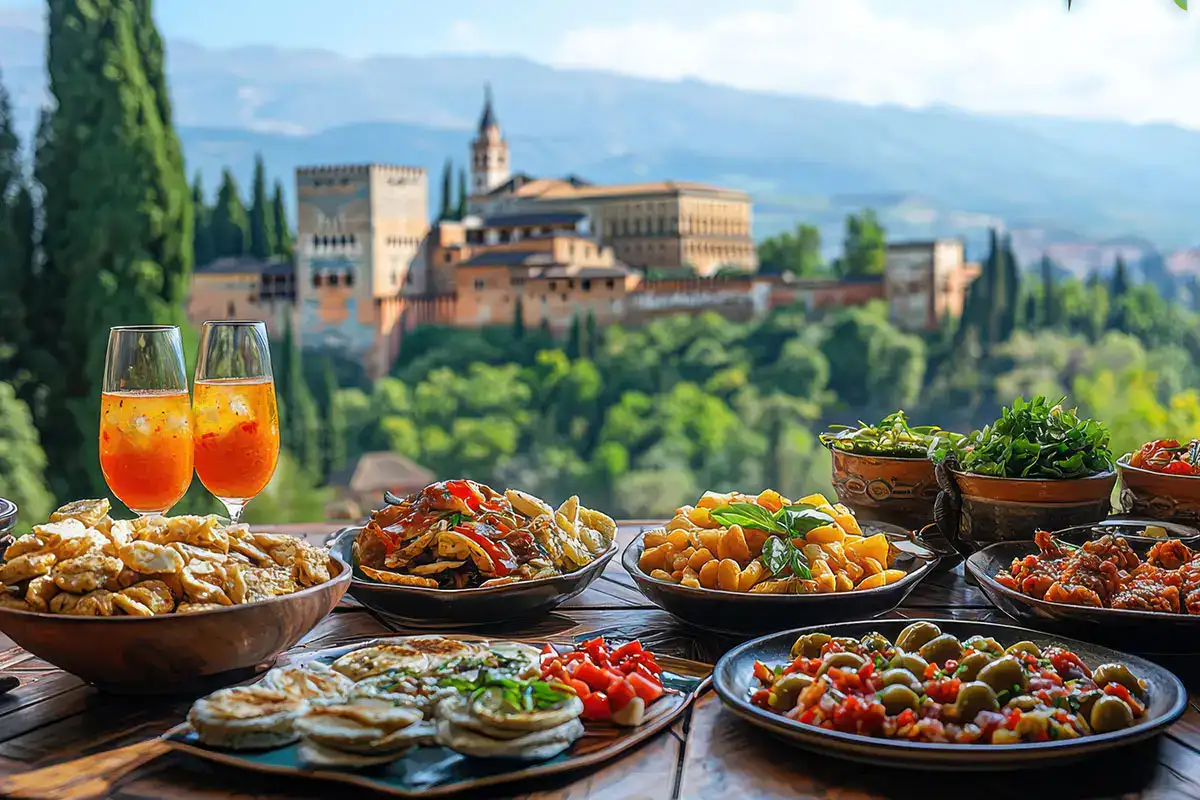 Comida mediterr&aacute;nea al aire libre con fondo de castillo y naturaleza.