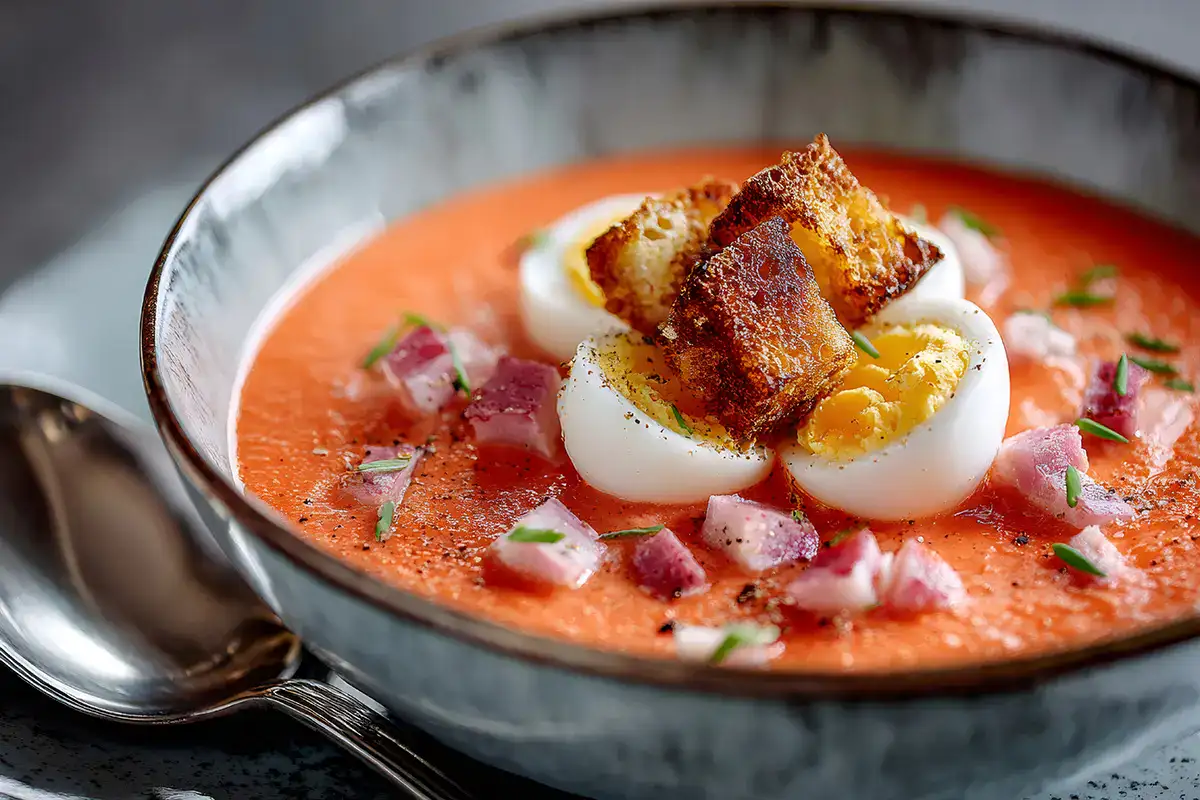 Sopa de tomate con huevo, picatostes y trozos de jam&oacute;n.