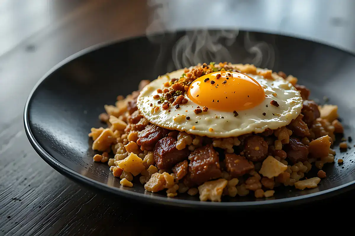 Plato de migas con huevo frito y trozos de carne en un plato negro.