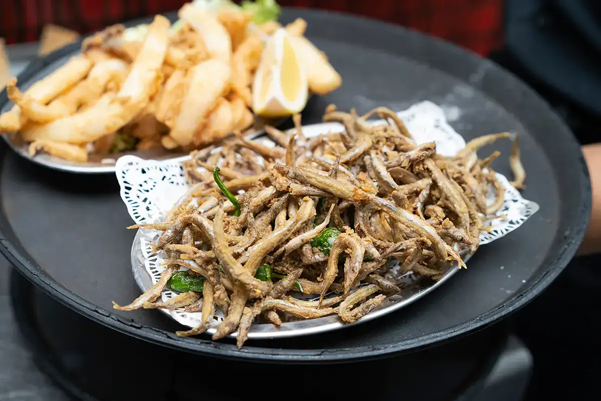 Platos con pescado y calamares fritos en una bandeja.