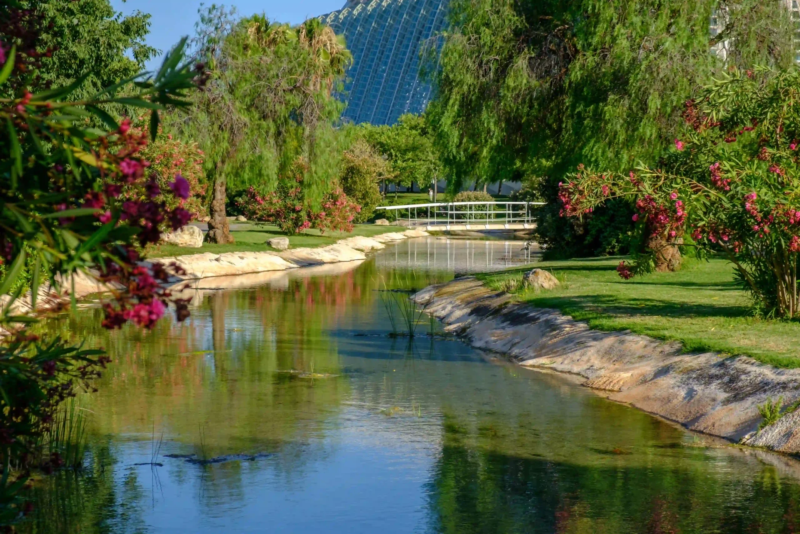 R&iacute;o serpentea por un jard&iacute;n con flores, &aacute;rboles y un puente al fondo.