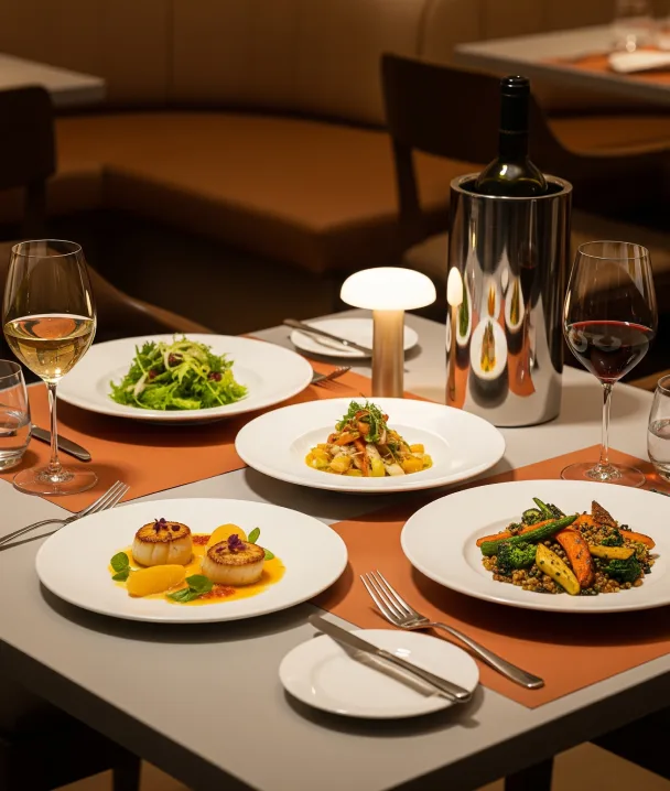 Cena elegante con vino y platos variados en un restaurante con luz tenue.