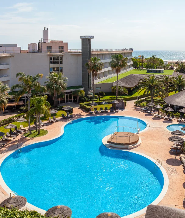 Piscina con forma irregular rodeada de palmeras y tumbonas, junto a un edificio moderno.