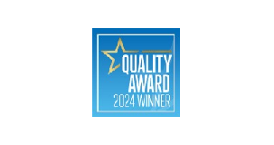 Estrella dorada sobre fondo azul con el texto: "Quality Award 2024 Winner".