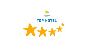 Imagen con texto "TOP HOTEL" y cinco estrellas amarillas de tamaño creciente.