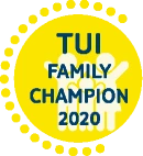 TUI Family Champion 2020 badge with family silhouettes on a yellow background.