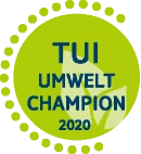 Green circular badge: "TUI Umwelt Champion 2020" with leaf design.