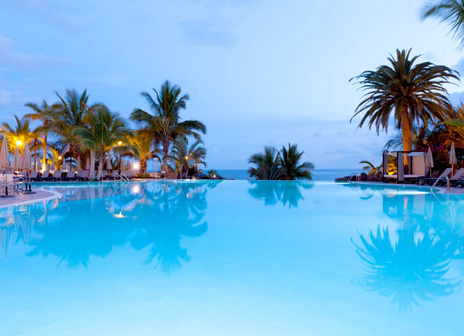 Piscina infinita al atardecer, rodeada de palmeras, con vista al océano y cielo despejado.