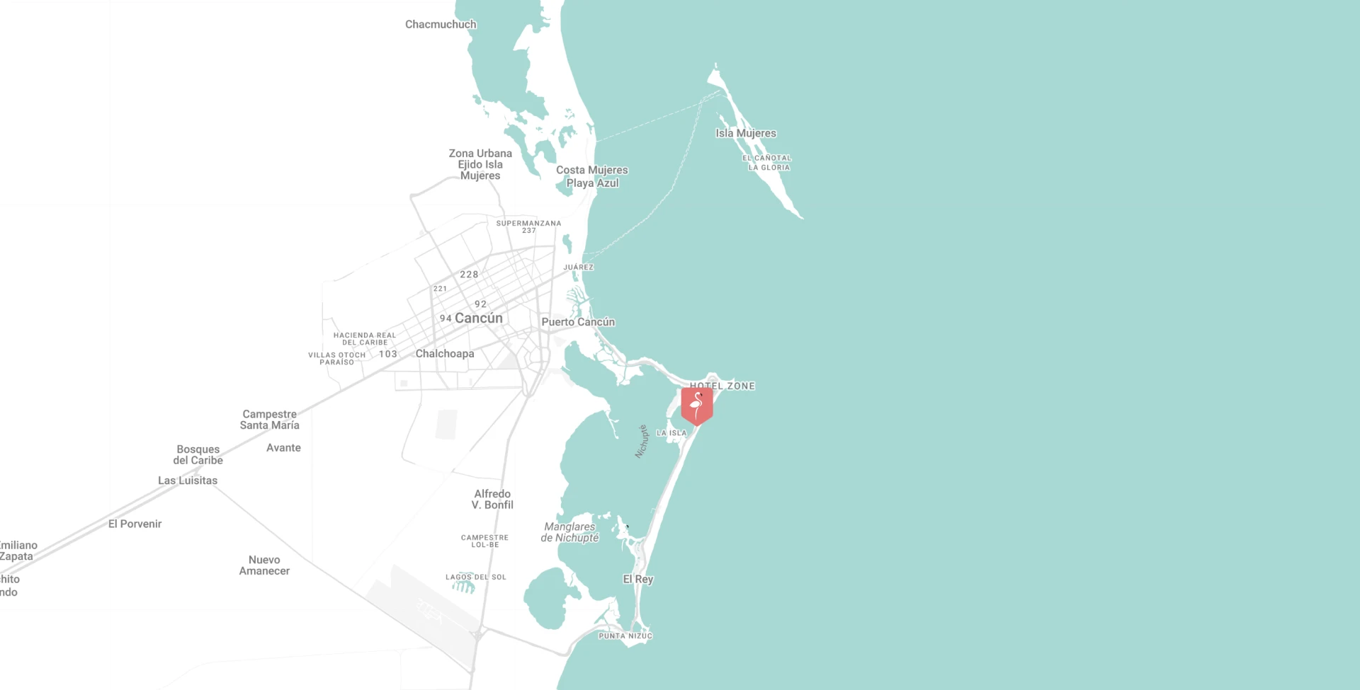 Mapa de Cancún y alrededores, destacando la zona hotelera y zonas aledañas.