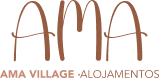 Logo do "AMA Village Alojamentos" em texto marrom sobre fundo branco.