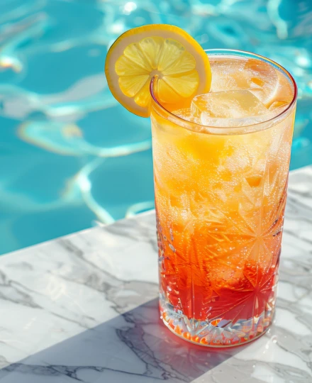 Coquetel vibrante com rodelas de limão à beira da piscina.