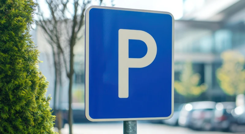 Placa azul de estacionamento com letra "P" branca, fundo desfocado e árvores ao redor.