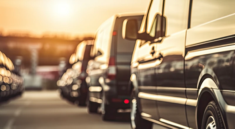 Vans estacionadas em fila ao pôr do sol, refletindo a luz suave no estacionamento.