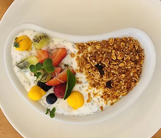 Un plato con yogur, frutas frescas y granola crujiente, servido artísticamente.
