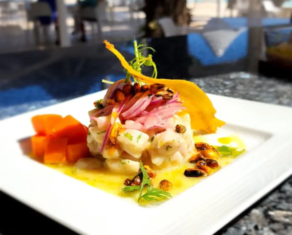 Plato de ceviche decorado con cebolla, tomates y hierbas sobre un plato blanco.