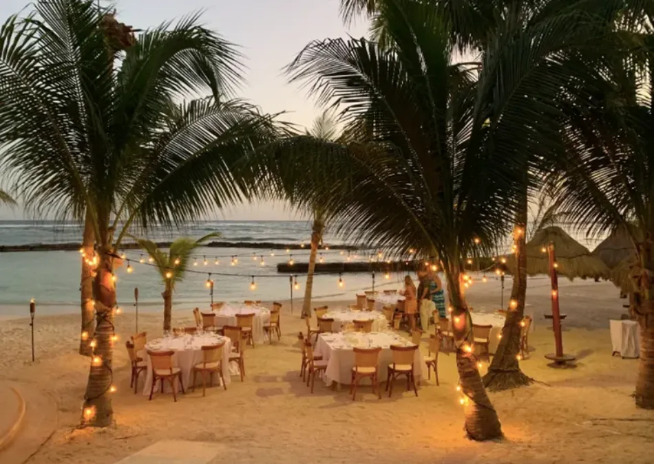 Cena iluminada en la playa, con mesas blancas rodeadas de palmeras y luces al atardecer.