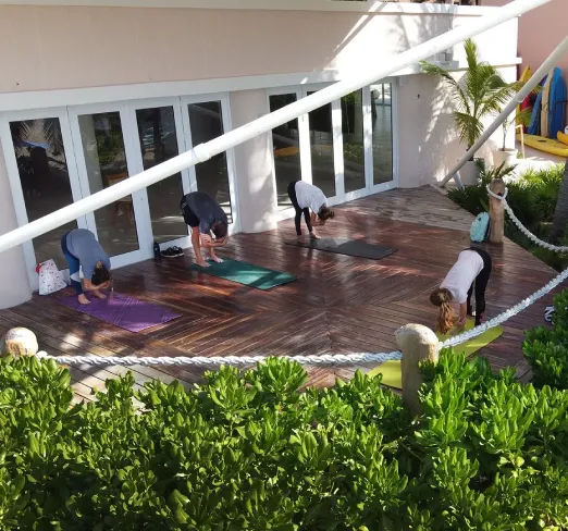 Personas practicando yoga al aire libre sobre una terraza de madera, rodeada de vegetación.