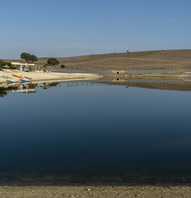 Lago tranquilo em paisagem rural com céu azul e árvores ao fundo.