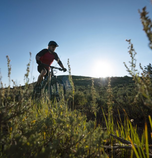 Ciclista pedalando em trilha com vegetação baixa ao pôr do sol.