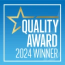 Gold star and "Quality Award 2024 Winner" on a blue background.