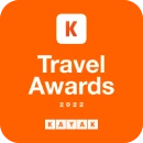 KAYAK 2022 Travel Awards logo on an orange background.
