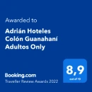 Award for Adrián Hoteles Colón Guanahaní, score 8.9 from Booking.com.
