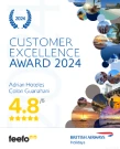 Customer Excellence Award 2024 graphic with 4.8 star rating and logos.