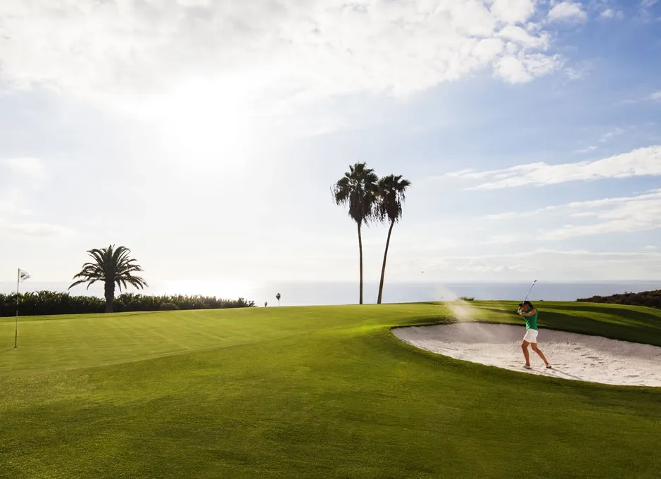 Persona jugando golf en un búnker, con palmeras al fondo y cielo parcialmente nublado.
