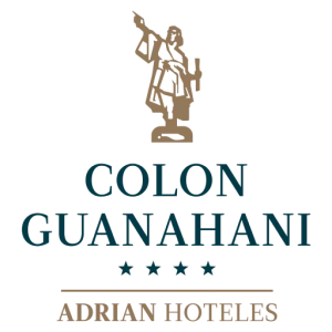 Emblema de un hotel con un explorador, texto: "Colon Guanahani, Adrián Hoteles".