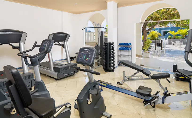 Gimnasio luminoso con máquinas de ejercicio, pesas y vista al jardín exterior.