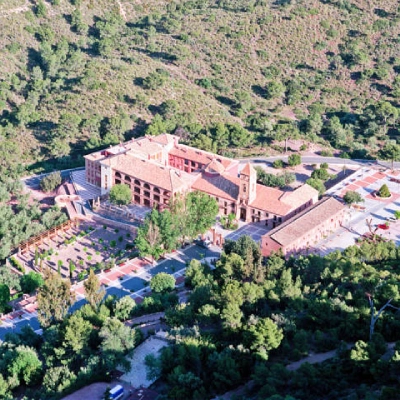 Vista aérea de un edificio rodeado de árboles y vegetación.