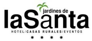 Logo de "Jardines de la Santa" con palmera verde sobre texto negro.