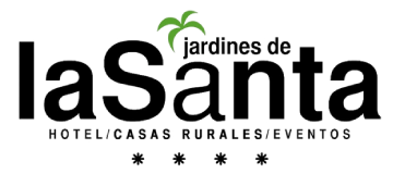 Logo de "Jardines de la Santa" con palmera verde sobre texto negro.