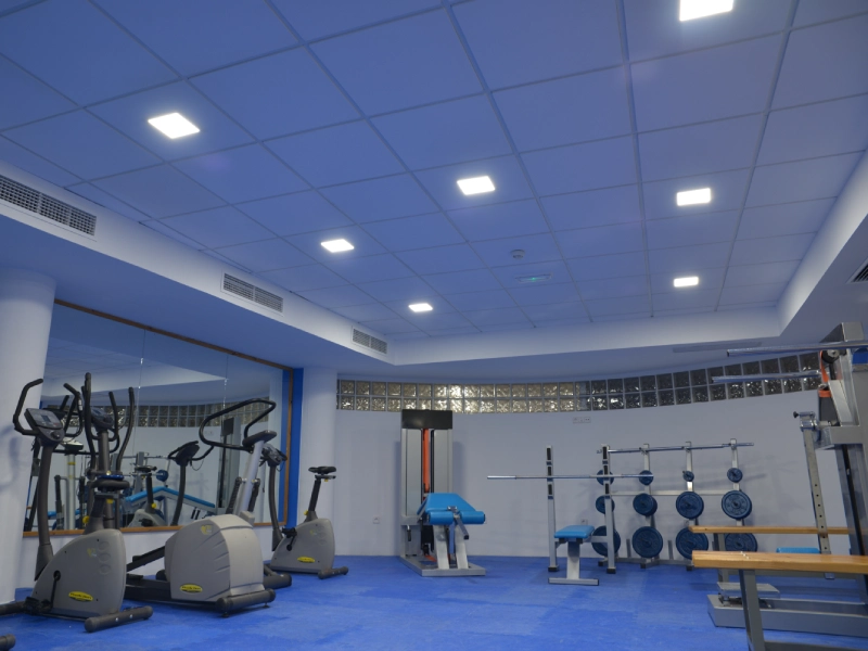 Gimnasio moderno con máquinas de ejercicio, pesas y techo de luces led.