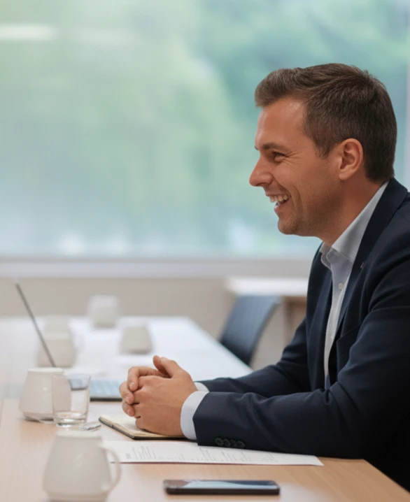 Hombre sonriendo en traje, sentado en una mesa con tazas blancas y un m&oacute;vil cerca.