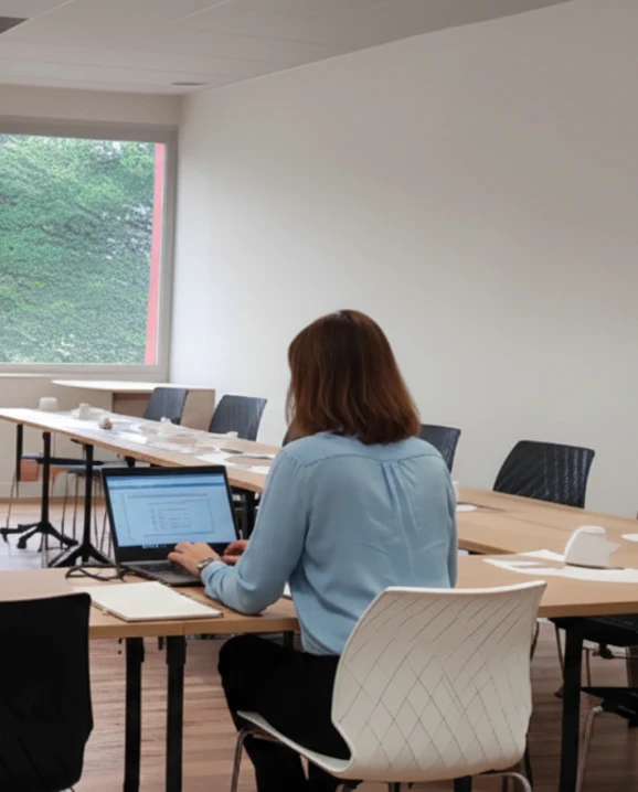 Persona trabajando sola en una sala de reuniones con laptop y mesas ordenadas.