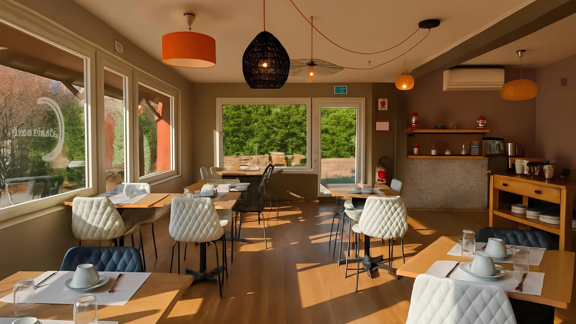 Comedor moderno con sillas acolchadas, luces colgantes y ventanales con vista a la vegetaci&oacute;n.