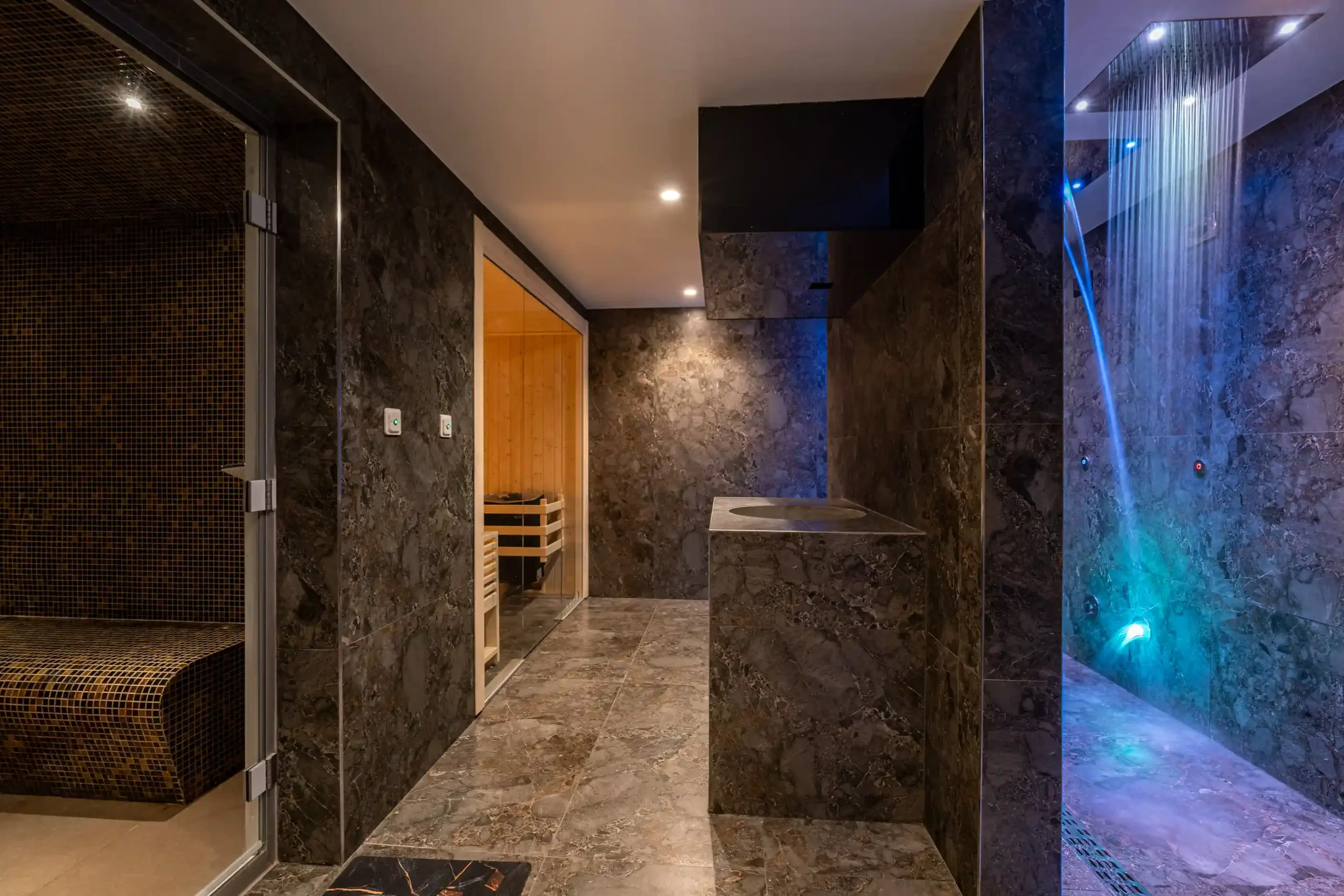 Luxurious modern spa with a sauna, steam room, and illuminated rainfall shower.