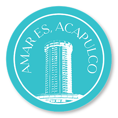 Logo circular turquesa con la frase "Amar es, Acapulco" y un edificio en el centro.