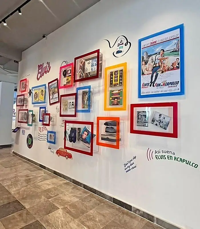 Exhibici&oacute;n en pared con fotos y objetos enmarcados de colores brillantes y texto decorativo.