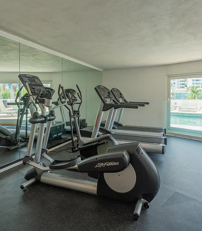 Gimnasio con m&aacute;quinas el&iacute;pticas y cintas de correr frente a un gran espejo y ventana.